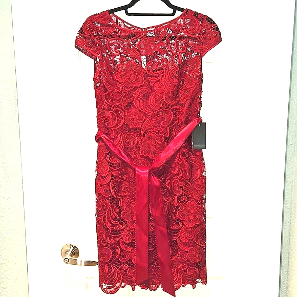 (New) Adrianna Pappel Cap Sleeve Lace Cocktail Dress Cherry Red Size 2M